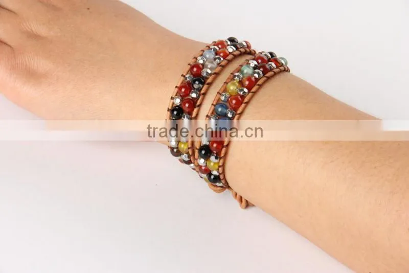Pure manual discus agate bracelet around two laps leather bracelet Grey leather bracelet