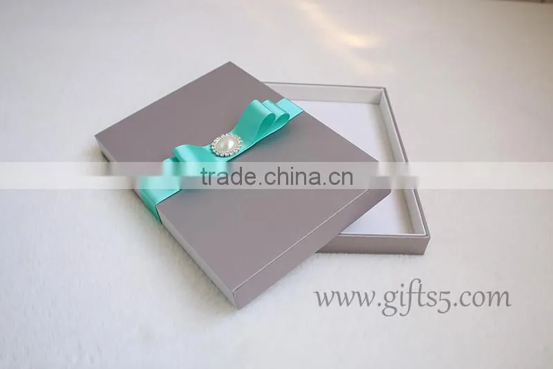 Luxury wedding invitation boxes with pearl ribbon