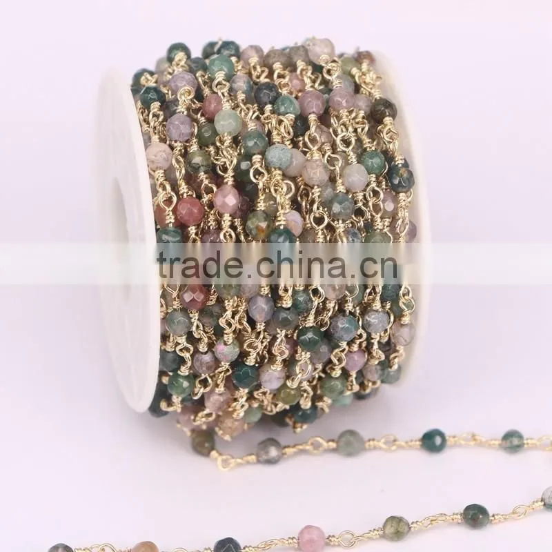 New Brass Handmade Wire Wrapped Agate Stone Faceted Round Stone Beads Link Chains Jewelry Findings