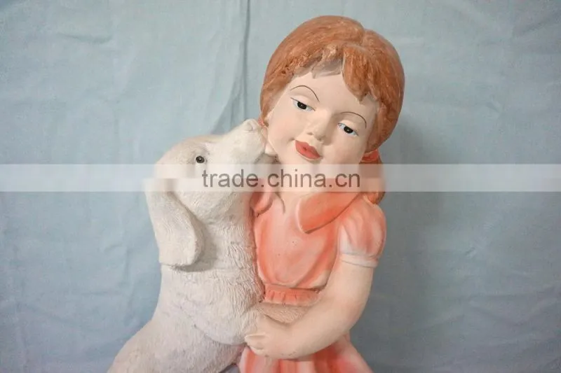 Fiberglass colorful girl and dog statue garden ornament