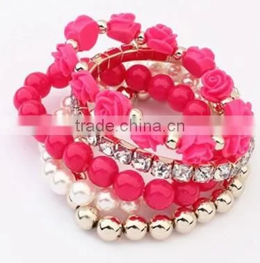 2016 Trendy Fashion Candy Color Pearl Rose Flower Multilayer Charm Bracelet & Bangle For Women Fashion Jewelry