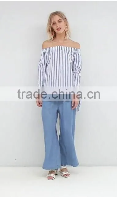 2017 Fashion Stripe And Tie Sleeve Off The Shoulder Top