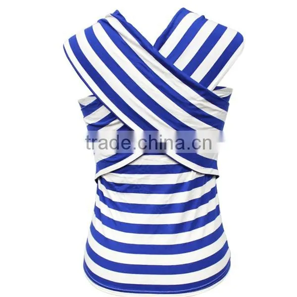 Popular summer straped neck sexy back cross stripe blouse for women