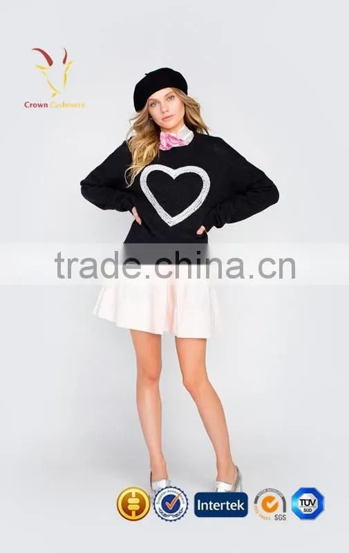 Knit Wool Cashmere Pullover Women Black Pullover With White Heart