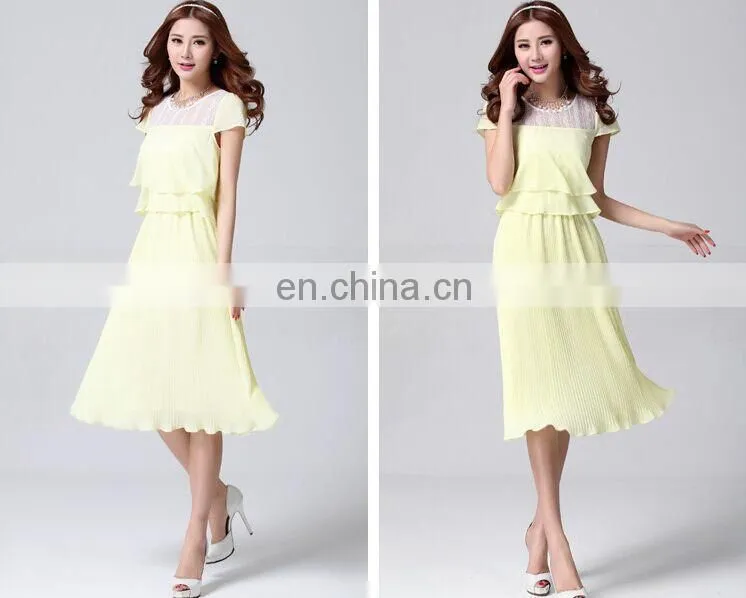 cap sleeve layered light yellow chiffon long dress with lace and pleats