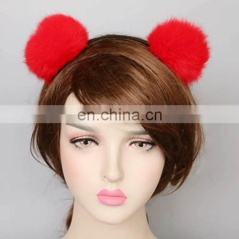 Handmade fur pompom hair accessory top grade rabbit fur ball hair bands