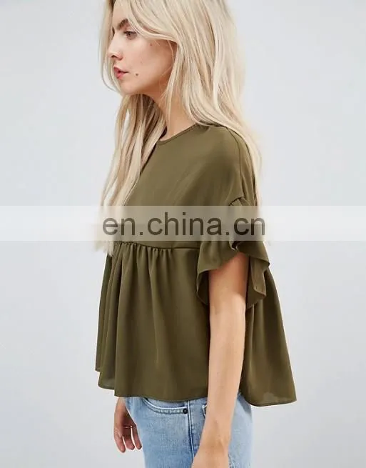 China Product Women Fashion Navy Blue Smock Top with Ruffle Sleeve