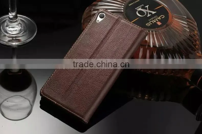 DLS Litchi Grain Genuine Leather Flip Case for Sony Z5 Plus Wallet Cover Case with Card Slot MT-5195