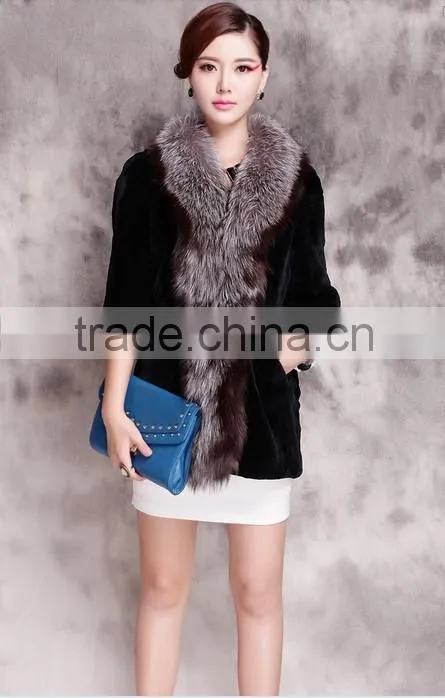 rex14062 newest rex rabbit fur coat with silver fox fur trim black
