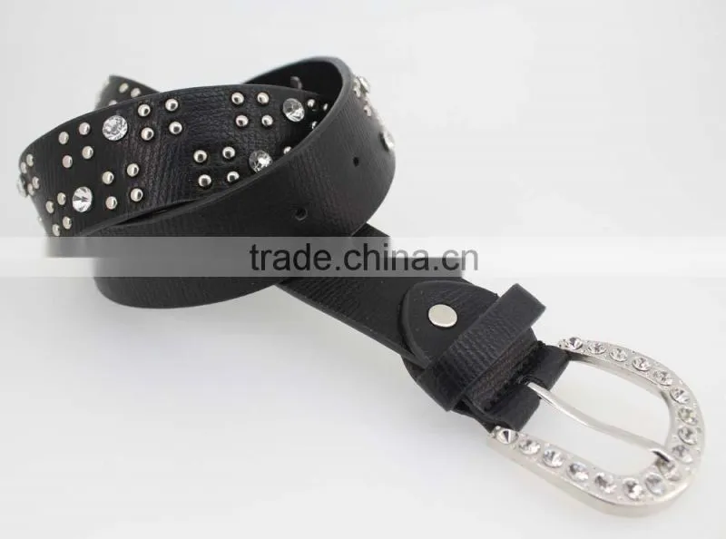 Women's classical metal and rhinestone studded 33Mm belt leather with shiny rhinestone buckle