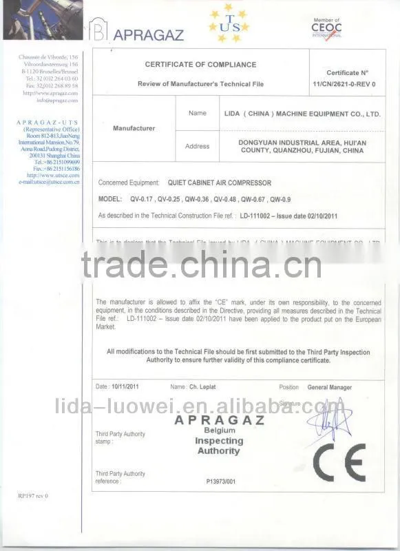Stationary silent air compressor with cabinet