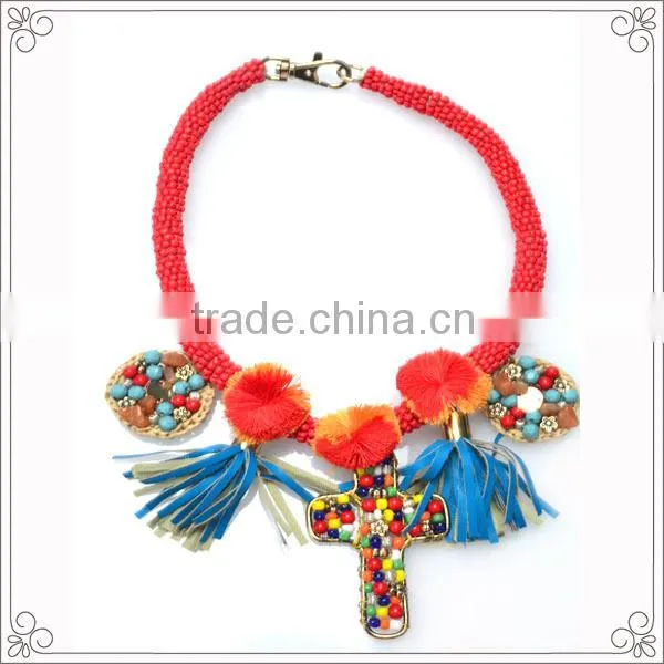 Europe America Style Red Bead Necklace With Leather Tassel