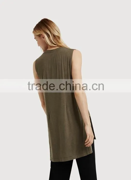 Latest fashion design women clothing sleeveless side split loose long t-shirt