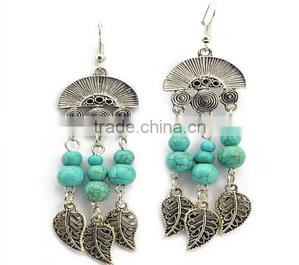 2016 Celebrity Design india Ethnic Style Leaf Tassels Pendant Turquoise Earrings