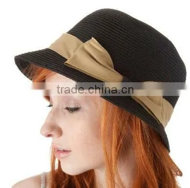 Womens 100% Paper Straw Ribbon Bow Accent Cloche Bucket Bell Summer Hat