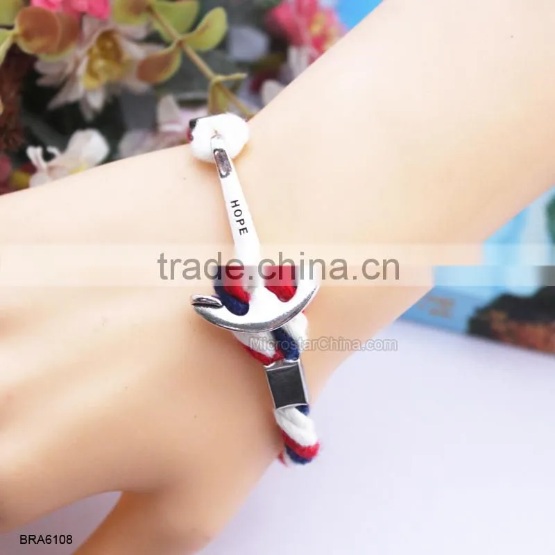 Wholesale Antique Braided Cotton Rope Silver Anchor Charm Bracelet