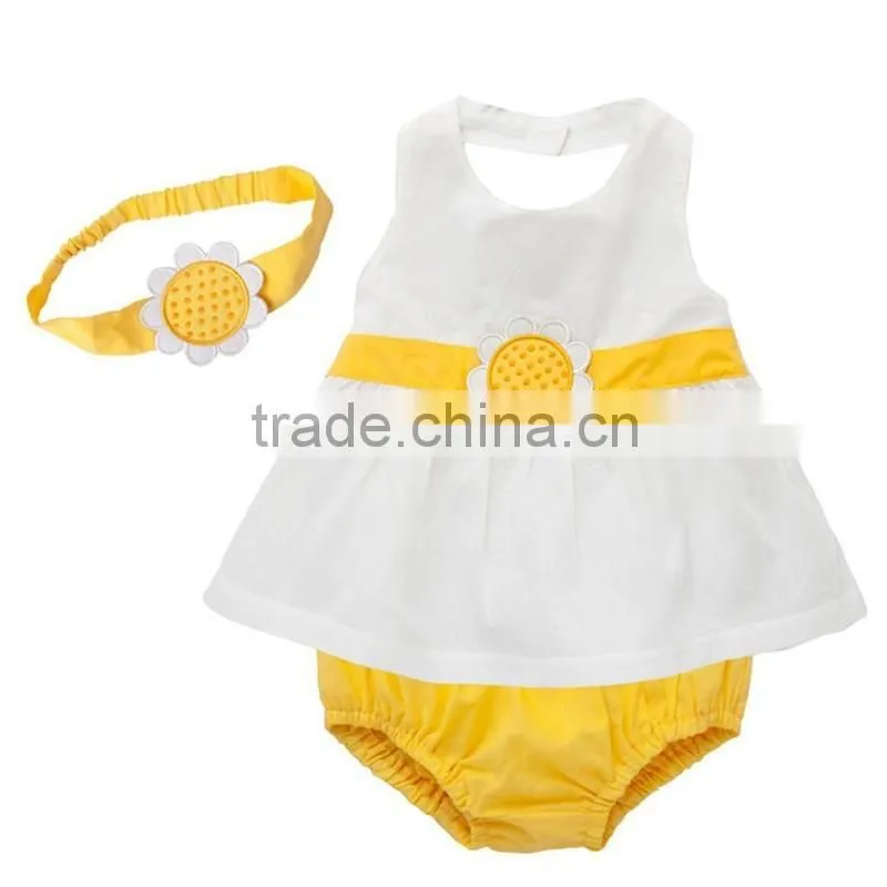 Wholesale Brand Summer Toddler Infant Girls Birthday Party Outfits Headband+Top+ Bloomers Kids Newborn Clothes