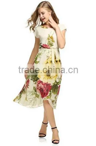 Women's Short Sleeve Crewneck Chiffon Floral Printed Midi Party Dress