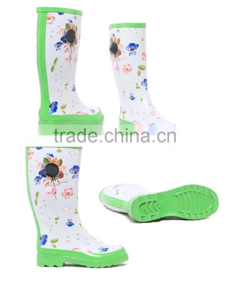 Fashion custom flower printing women rain boots cheap white sexy rain shoes