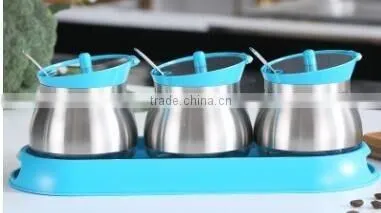 wholesale glass spice jar with metal coating spoon blue