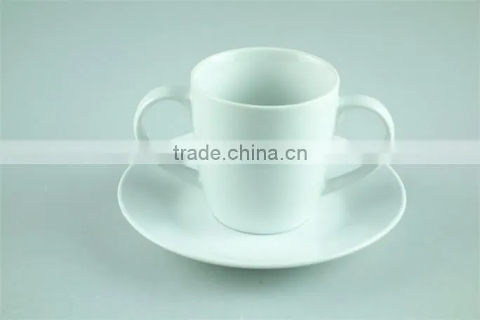 White porcelain cup saucer double handles , stock cups chaozhou factory Sanbo