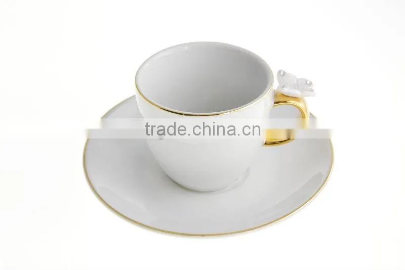 High Quality Porcelain Butterfly Medium Size Tea Mug Set With Gold Color Handle with Crystals