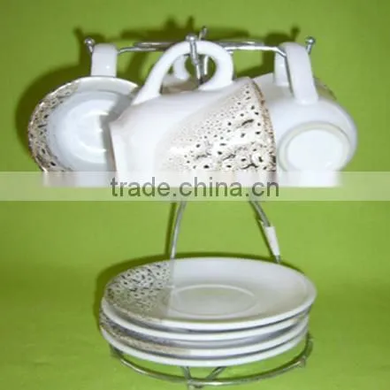 Set of 4 ceramic cups mugs and saucer set with metal stand