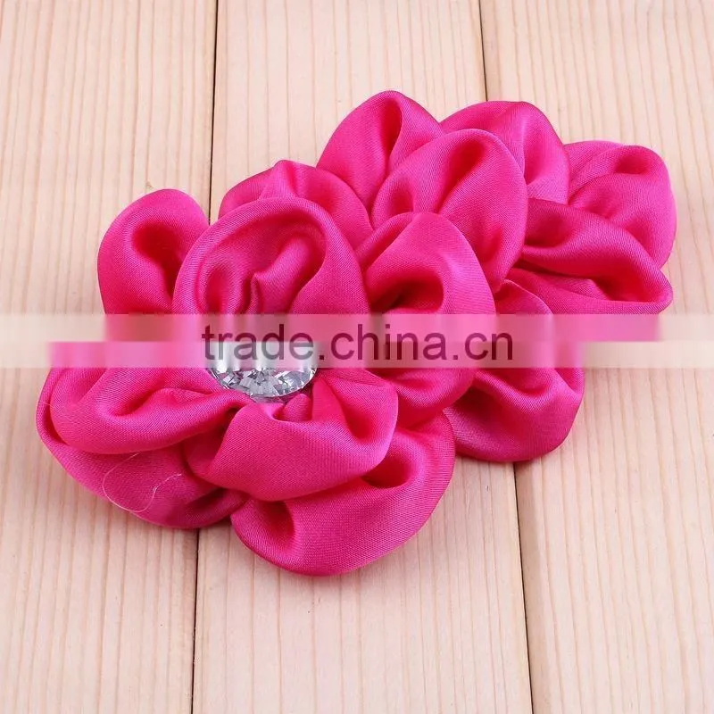 handmade satin fabric flower with rhinestone center for kids hair accessories