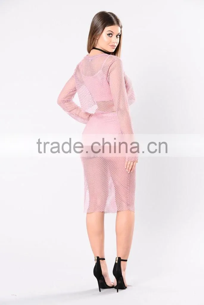 Custom Matching Clothes Long Sleeve Full Mesh Top And Pencil Skirts Suits pictures of long skirts and tops