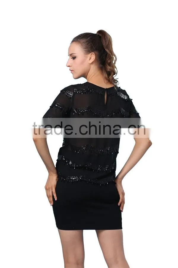 New Design Fashion Short Sleeve Embellished Chiffon Top