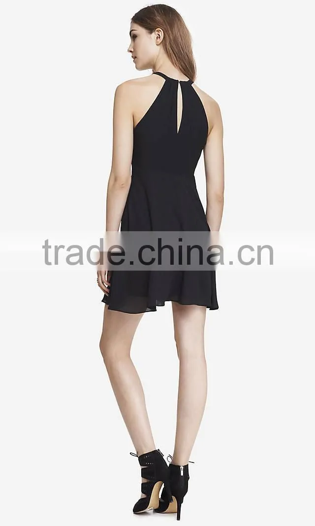 Women Black Fit and Flare Double Layers Sexy Halter Chiffon Dress