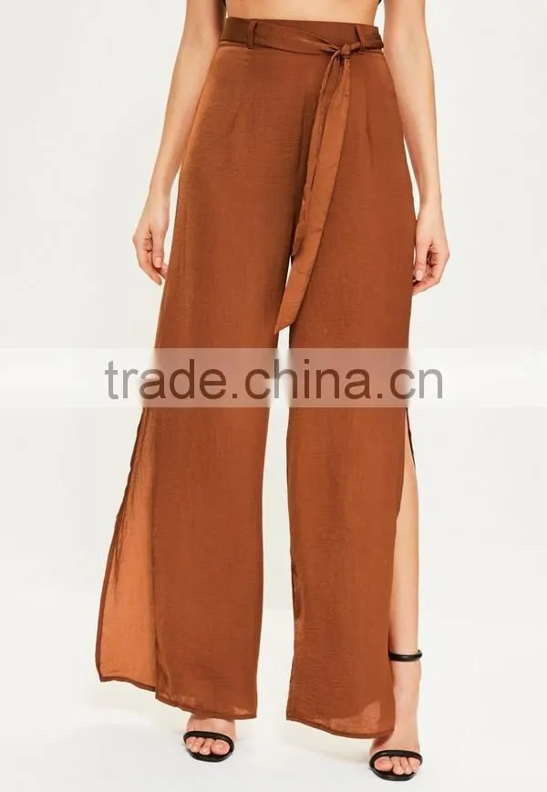 Wholesale ladies brown tie waist wide leg split side pants women wide leg satin pants