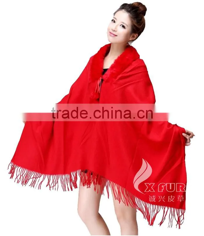 CX-B-P-34C Fur Trimmed Cape Fashion Cashmere Scarf