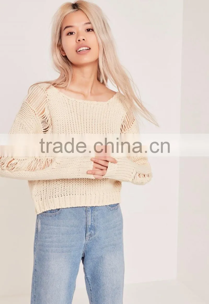 Plain White Ladies Sweater Knitwear Pullover Drop Shoulder Ladder Shoulder Distressed Crop Jumper Women