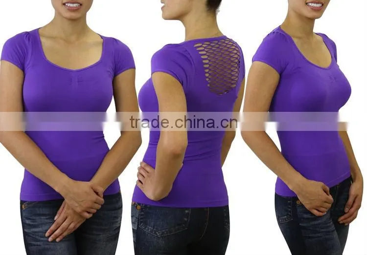 Black plain lady t shirts skin tight womens short sleeve t shirt