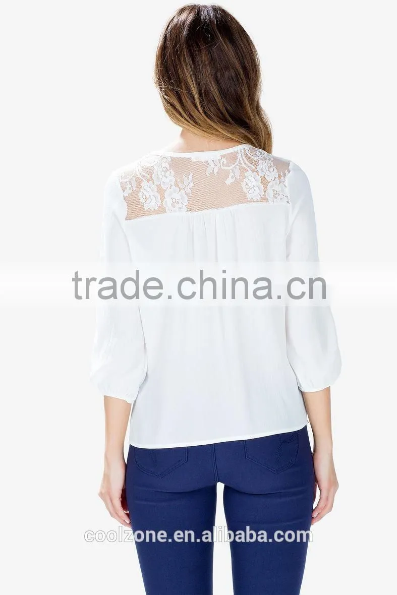 Crew neck long sleeves fashion lace blouse with keyhole front