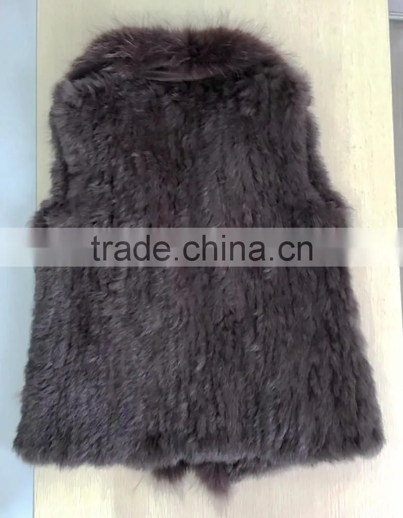 YR644 Women Genuine Rabbit Hand knit with Raccoon Fur Waistcoat Yanran Fur Factory OEM Order Fur Gilet