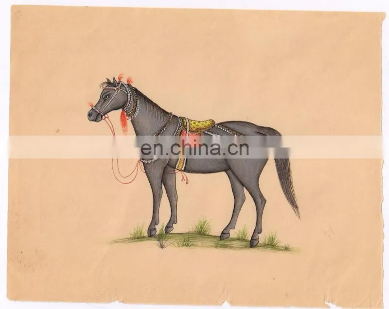 Indian Art Painting Hand Painted Royal Black Horse Miniature Water Color Paper Painting