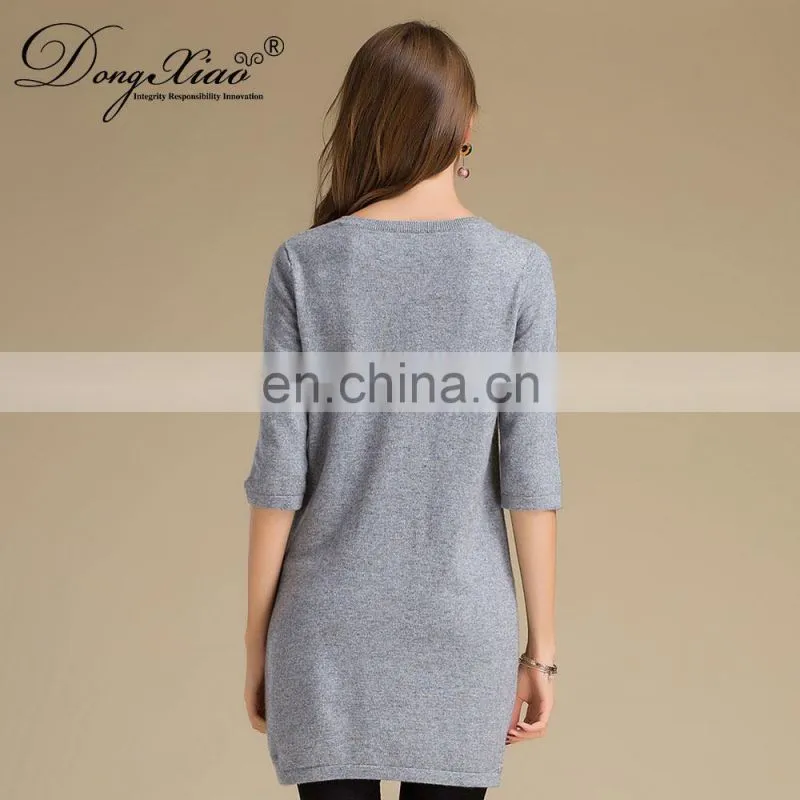 Custom Design Casual Pullover Crew Neck Half Sleeves Pure Cashmere Knitted Women's Sweater Dress