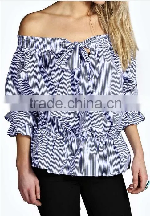 2015 china manufacturer customized ladies the latest design shoulder striped blouse