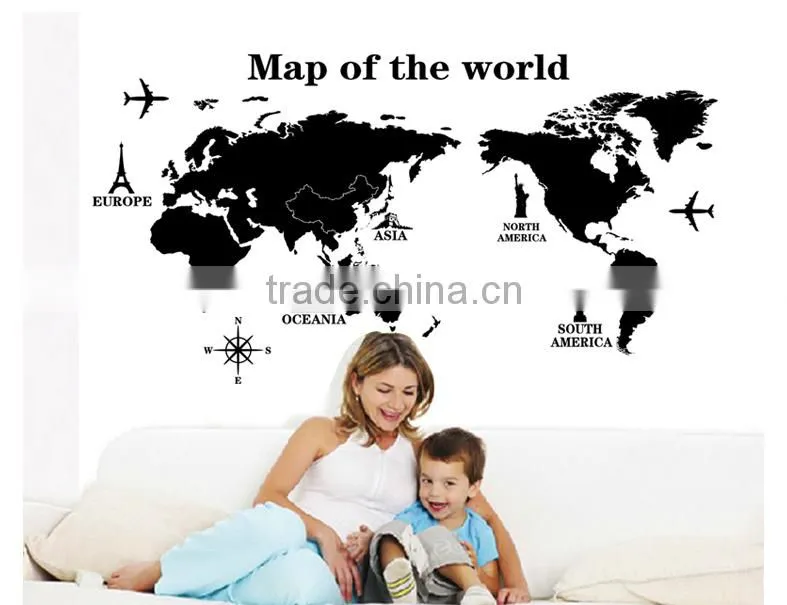 ALFOREVER Black pvc removable wallmap wall sticker,wallmap wall decals