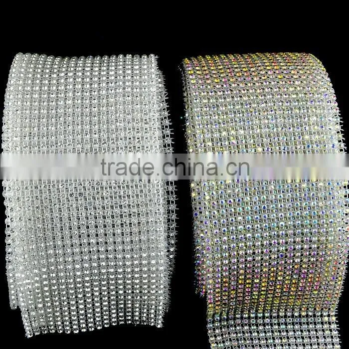 Wholesa Price 18 Rows Stretch Rhinestone Trimming Mesh with Plastic Ribbon,Elastic Crystal Stone Trims Sheet Mesh for Decoration