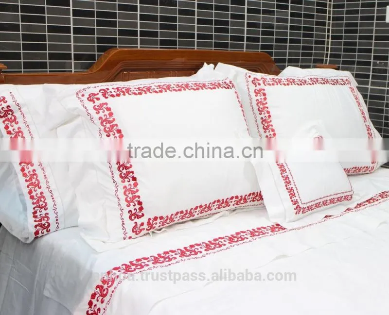 Flowers embroidered bedding set with hemstitch in red hue