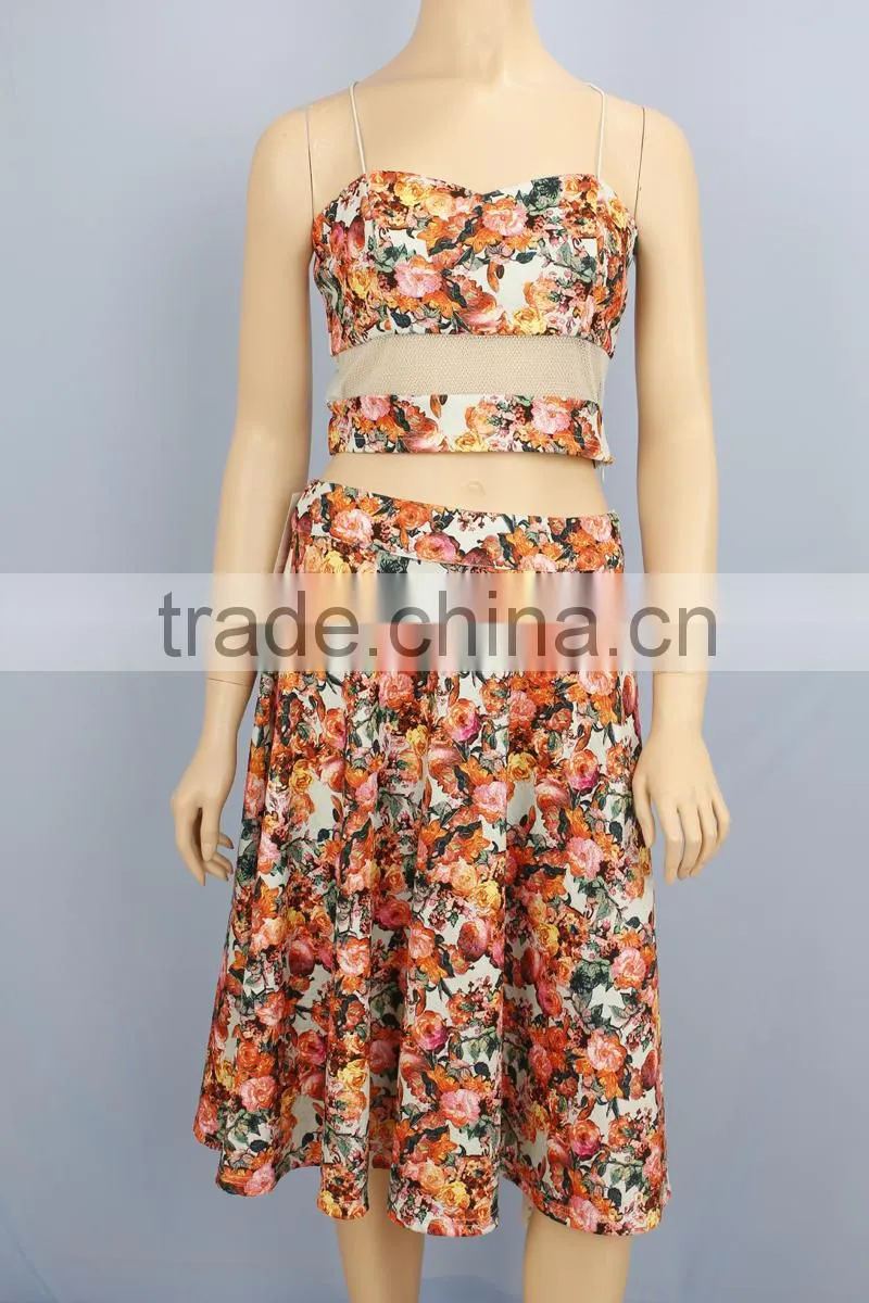 2016 girls fashion flower print sleeveless tops and long skirt lady two-piece suit