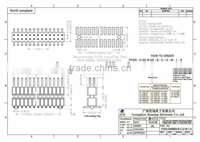 Pitch: 1.27mm SMT Type Pin Header With Cap Double Row Double Body H=1.6