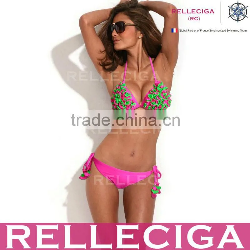 RELLECIGA Solid Color Bikini Series - Hot Pink with 3D Green Blooming Flower Triangle Top Bikini Set with Moderate Push-up Molde
