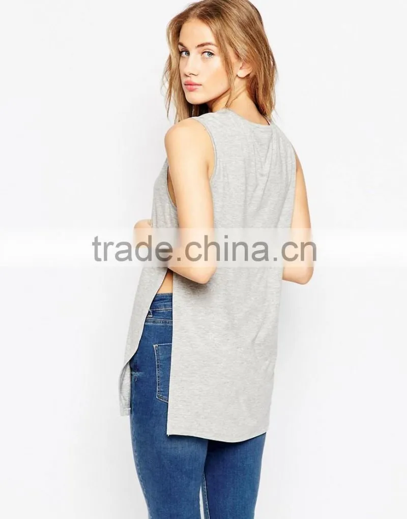 Wholesale women apparel longline top with side split sleeveless blouse patterns