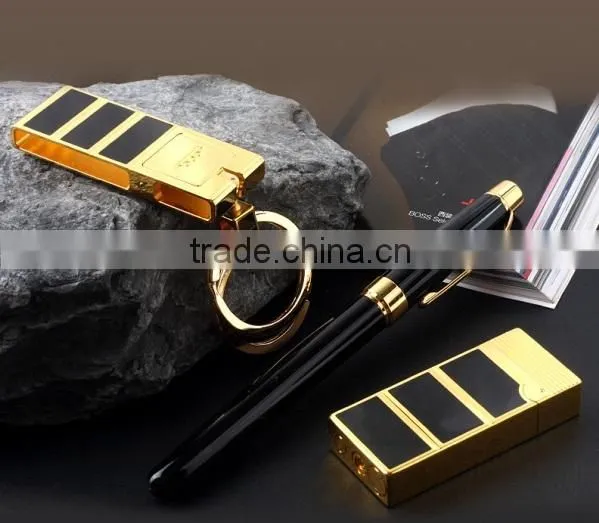 Golden color metal key chain and lighter Business Gift Set