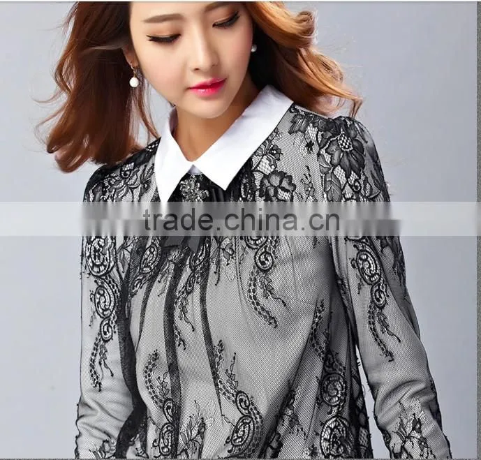 New design 2014 elegant long sleeve POLO collar lace lady shirt