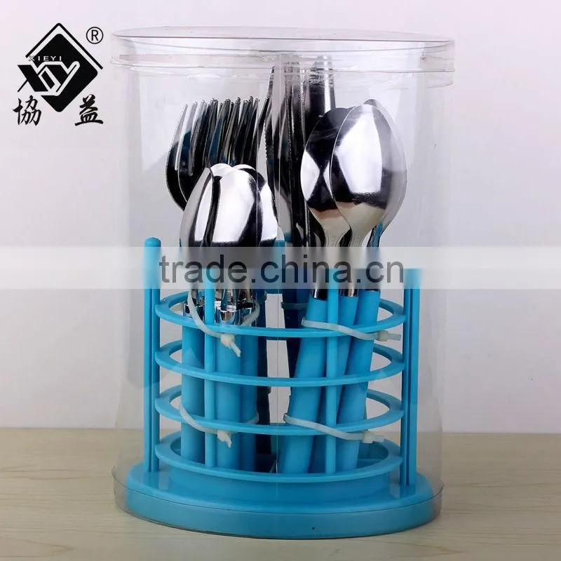 24pcs Color Handle Stainless Steel Flatwre With Plastic Handle In Metal Basket